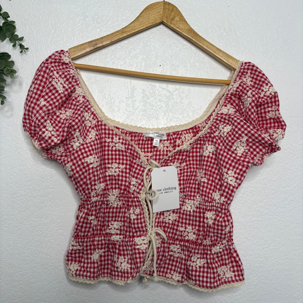 one clothing | Red Gingham Lace-Up Peasant Top - Picture 2 of 5